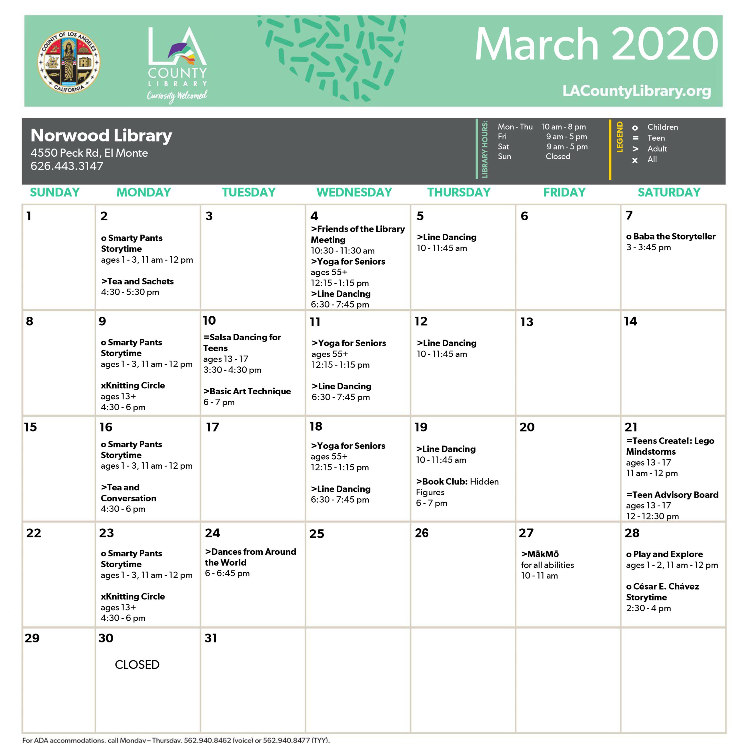 Norwood Library _calendar March 2020
